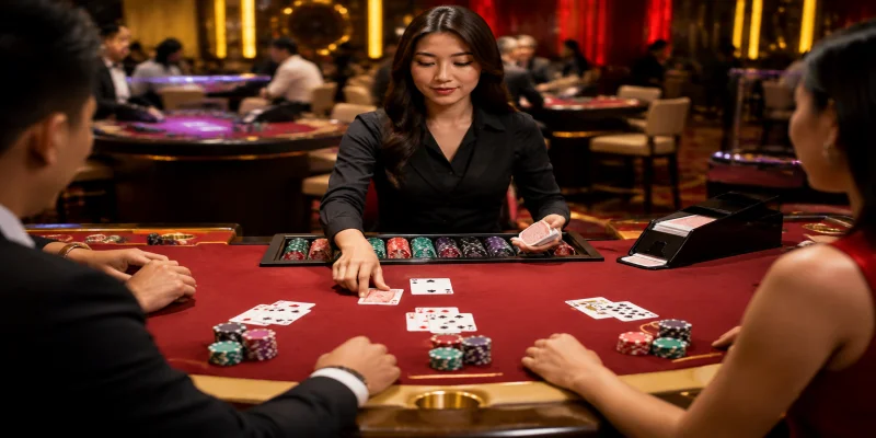 Dealer chuyên nghiệp chia bài trực tiếp tại bàn chơi Blackjack của nhà cái RED88.