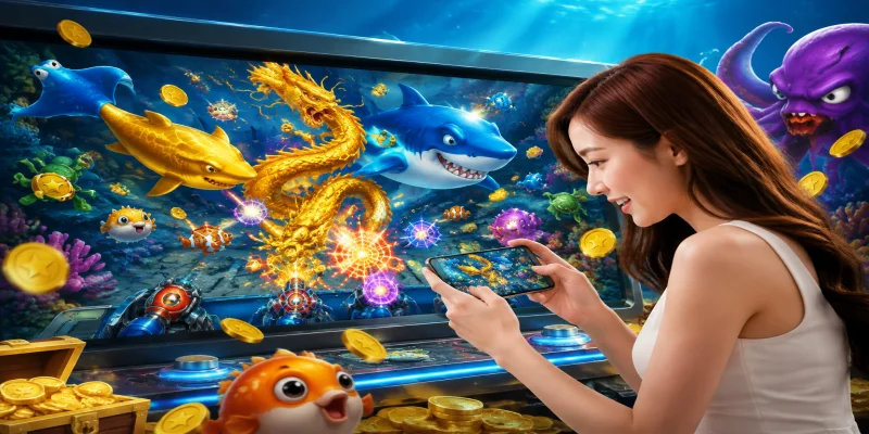 Giao diện sảnh game bắn cá red88 sinh động với đồ họa 3D sắc nét dưới đại dương